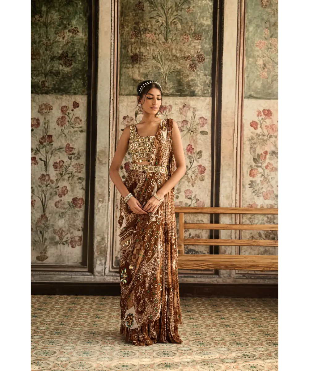 DIYARAJVVIR - Ivory Butta Print and Highlighted Square Neck Blouse with Caramel Print and Highlighted Tiered Skirt Saree Set